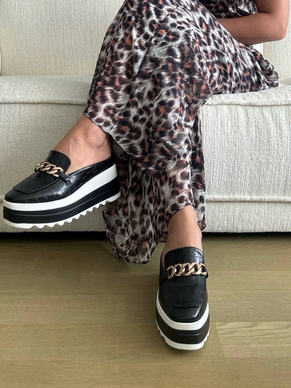 Black Platform Loafers with Gold Chain Accent - Picture 3 of 9